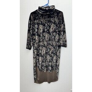 POL Women's Floral Black Brown Shirt Dress Velvet Half Sleeve Hi Low Small